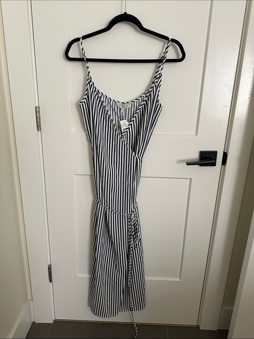 Wayf Black & White Vertical Stripe Wrap Midi Dress